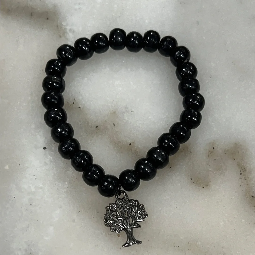 Black Beaded Bracelet with Tree Charm